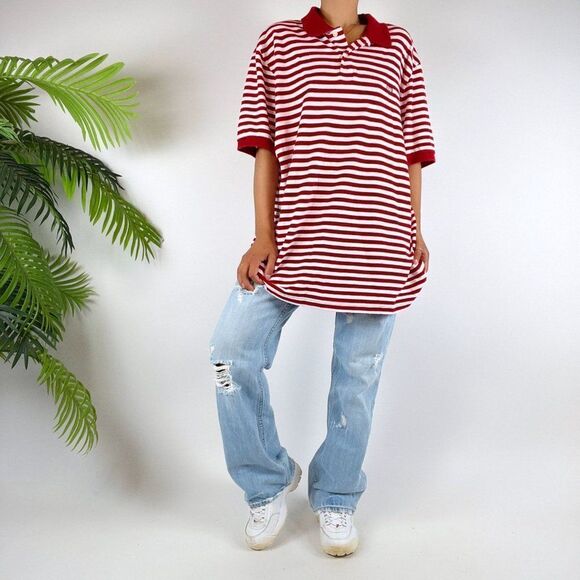 Vintage 90s Indie Grunge Red Striped Short Sleeve Oversized Polo Shirt / Sz: XL - Picture 4 of 6